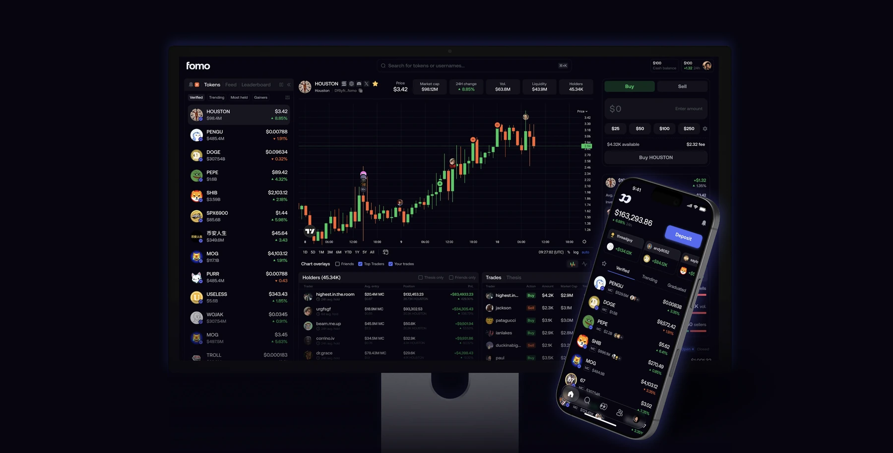 FOMO trading application on desktop and mobile